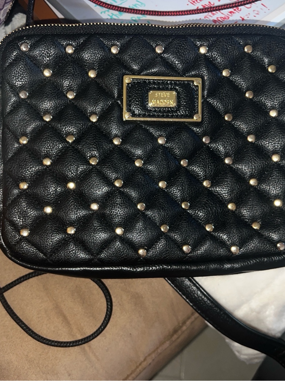 Steve Madden Black Quilted Crossbody with Gold Studs